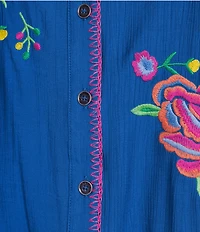 Calessa Point Crinkle Woven Embroidered Point Collar Long Sleeve Button Front Shirt