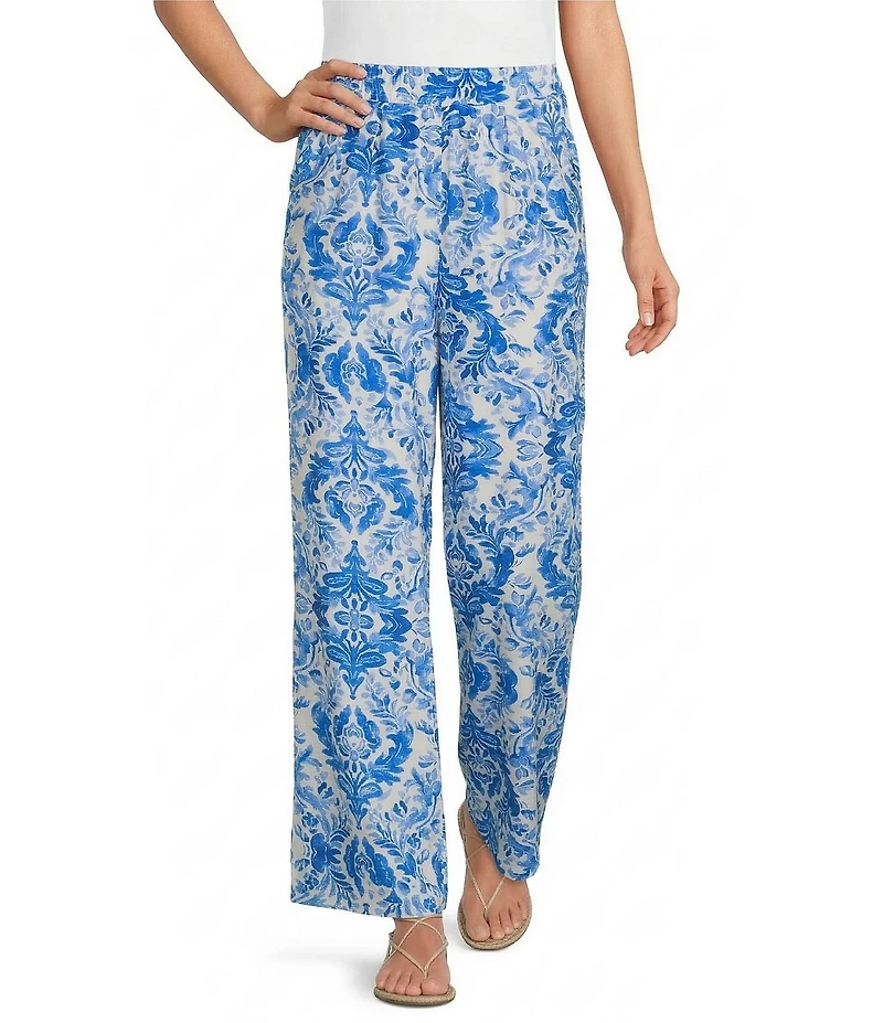 Calessa Porcelain Mosaic Woven Pull-On Wide Leg Pants