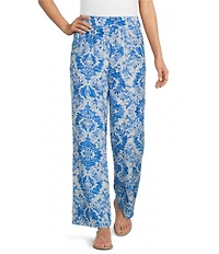 Calessa Porcelain Mosaic Woven Pull-On Wide Leg Pants