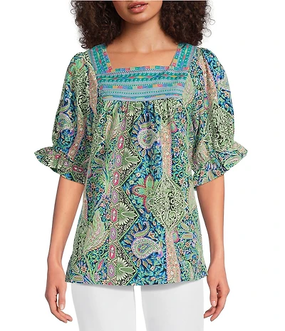Calessa Printed Embroidered Square Neck Short Sleeve Tunic