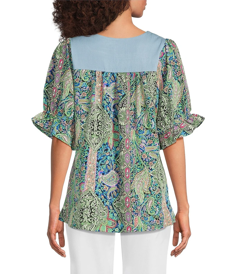 Calessa Printed Embroidered Square Neck Short Sleeve Tunic
