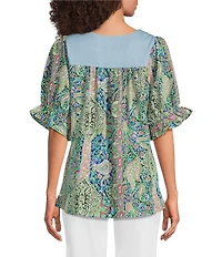 Calessa Printed Embroidered Square Neck Short Sleeve Tunic