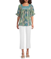 Calessa Printed Embroidered Square Neck Short Sleeve Tunic