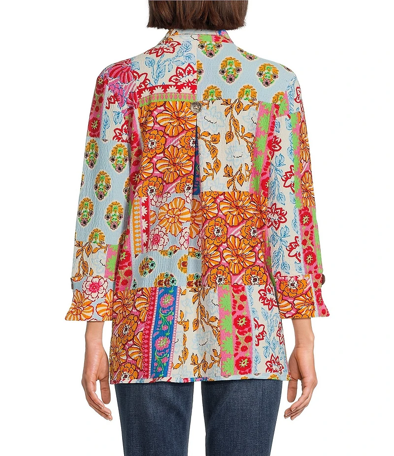 Calessa Printed Ruffled Stand Collar Long Sleeve Button Front Tunic