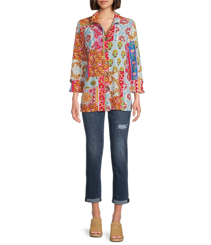 Calessa Printed Ruffled Stand Collar Long Sleeve Button Front Tunic