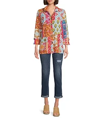 Calessa Printed Ruffled Stand Collar Long Sleeve Button Front Tunic