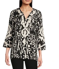 Calessa Printed Soutache Embroidered Split V-Neck 3/4 Sleeve Top