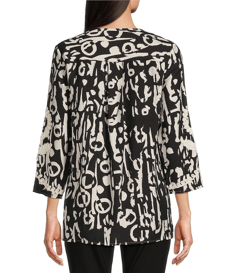 Calessa Printed Soutache Embroidered Split V-Neck 3/4 Sleeve Top