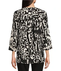 Calessa Printed Soutache Embroidered Split V-Neck 3/4 Sleeve Top