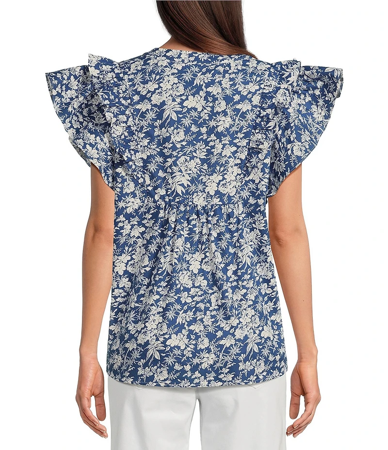 Calessa Printed Split V-Neck Ruffled Cap Sleeve Top