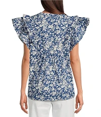Calessa Printed Split V-Neck Ruffled Cap Sleeve Top