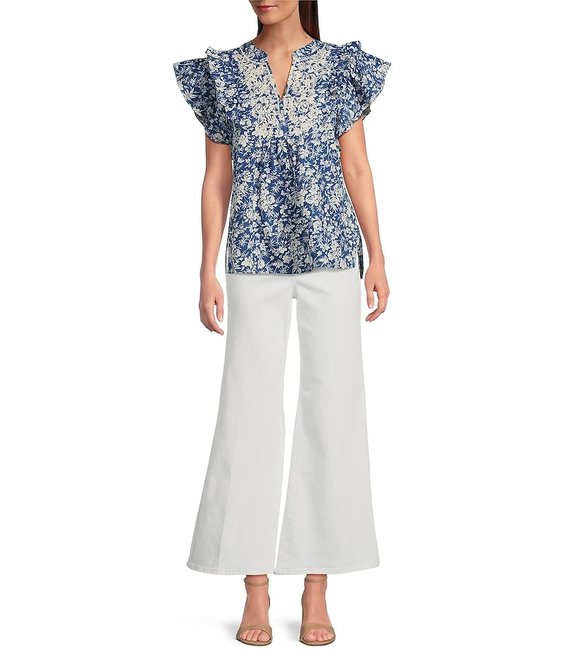 Calessa Printed Split V-Neck Ruffled Cap Sleeve Top