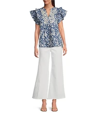 Calessa Printed Split V-Neck Ruffled Cap Sleeve Top