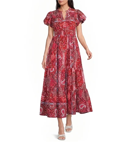 Calessa Retro Floral Split V-Neck Short Puff Sleeve A-Line Tiered Dress