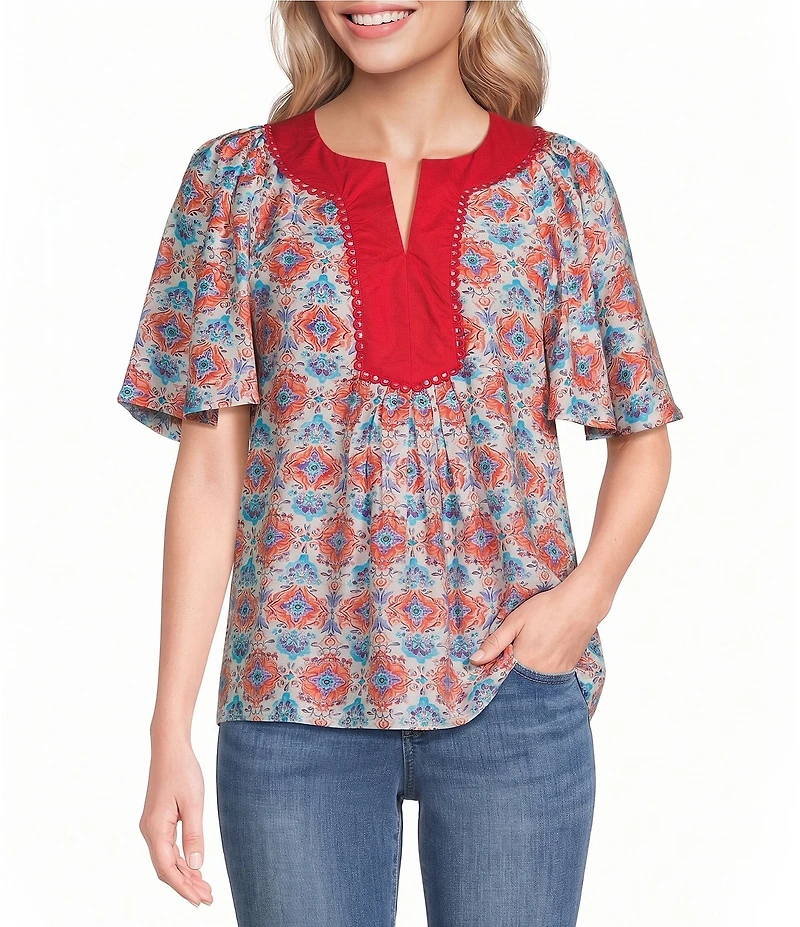 Calessa Retro Mosaic Split Round Short Puff Sleeve Tunic