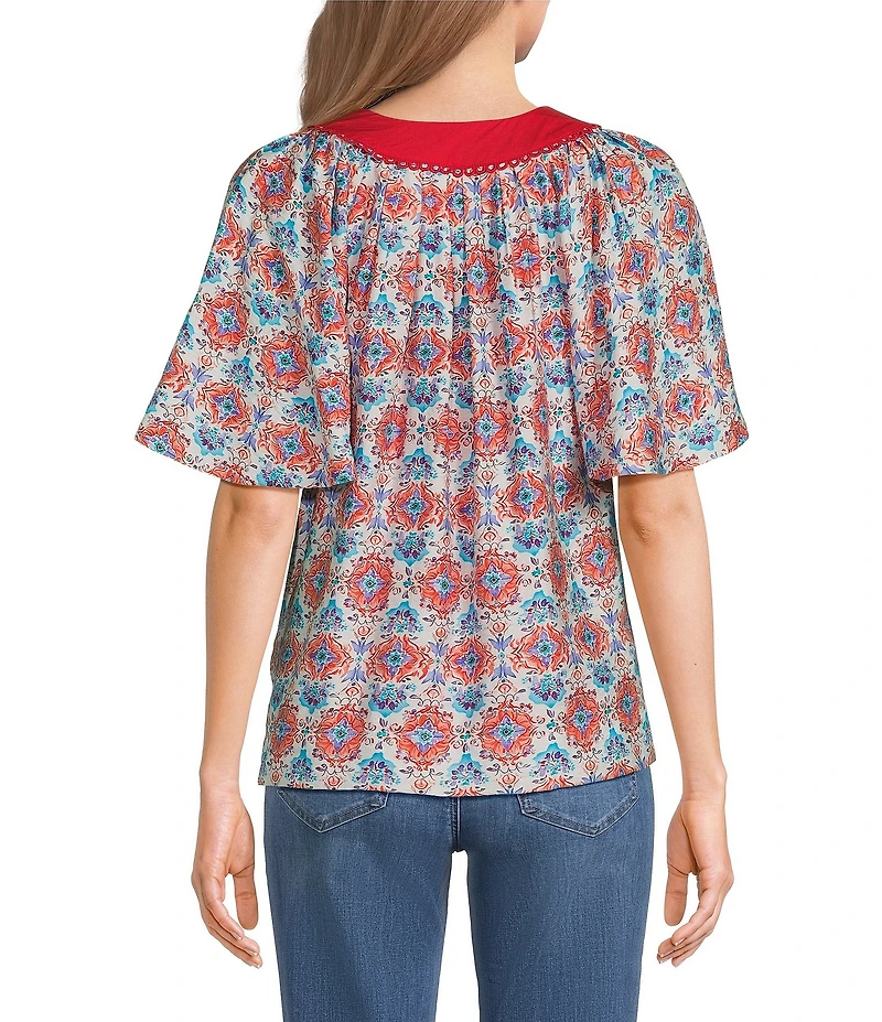 Calessa Retro Mosaic Split Round Short Puff Sleeve Tunic