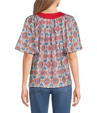 Calessa Retro Mosaic Split Round Short Puff Sleeve Tunic