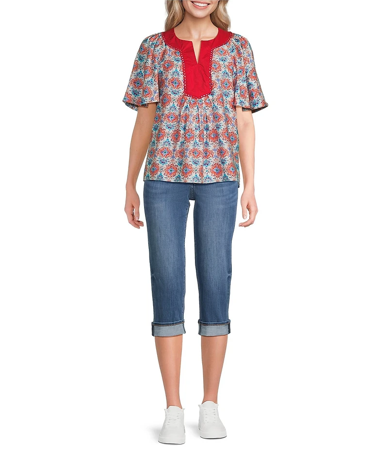 Calessa Retro Mosaic Split Round Short Puff Sleeve Tunic