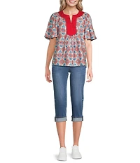 Calessa Retro Mosaic Split Round Short Puff Sleeve Tunic