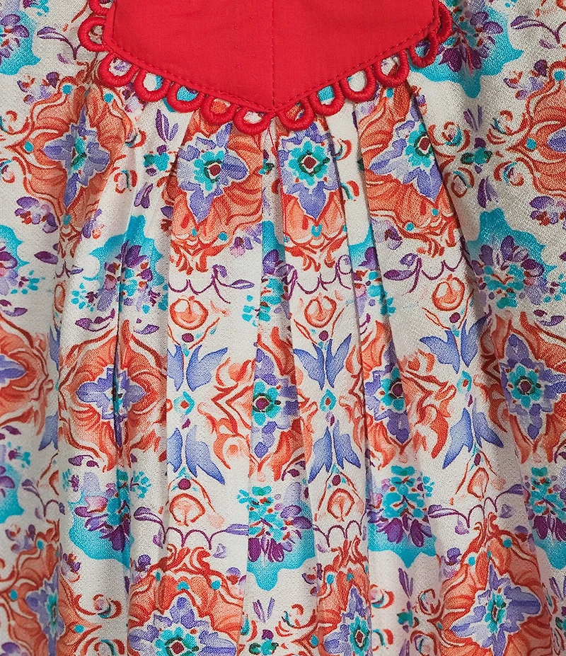 Calessa Retro Mosaic Split Round Short Puff Sleeve Tunic