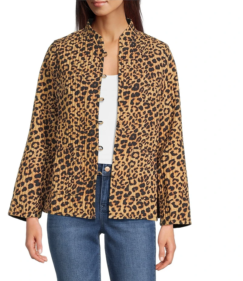 Calessa Reversible Quilted Animal Printed Band Collar Long Sleeve Shirt Jacket