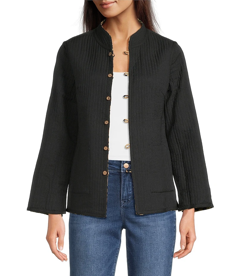 Calessa Reversible Quilted Animal Printed Band Collar Long Sleeve Shirt Jacket