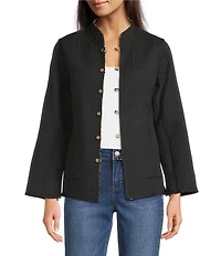 Calessa Reversible Quilted Animal Printed Band Collar Long Sleeve Shirt Jacket