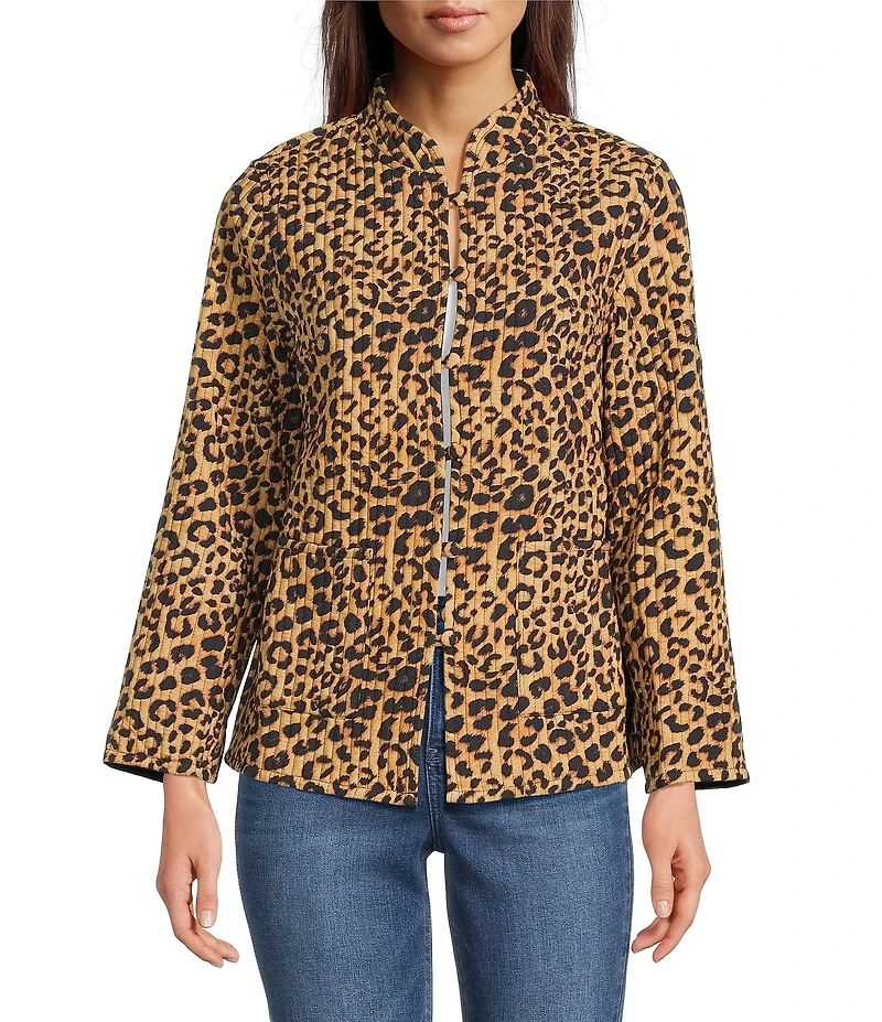 Calessa Reversible Quilted Animal Printed Band Collar Long Sleeve Shirt Jacket