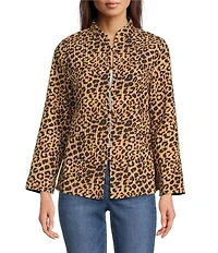 Calessa Reversible Quilted Animal Printed Band Collar Long Sleeve Shirt Jacket