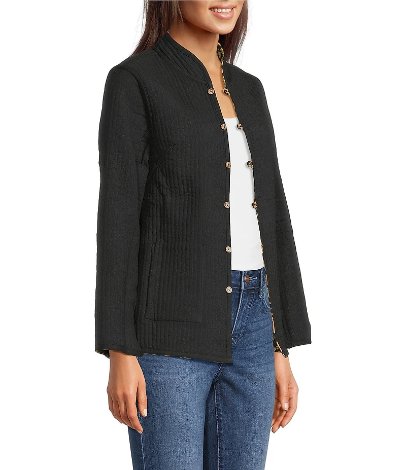 Calessa Reversible Quilted Animal Printed Band Collar Long Sleeve Shirt Jacket