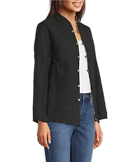 Calessa Reversible Quilted Animal Printed Band Collar Long Sleeve Shirt Jacket