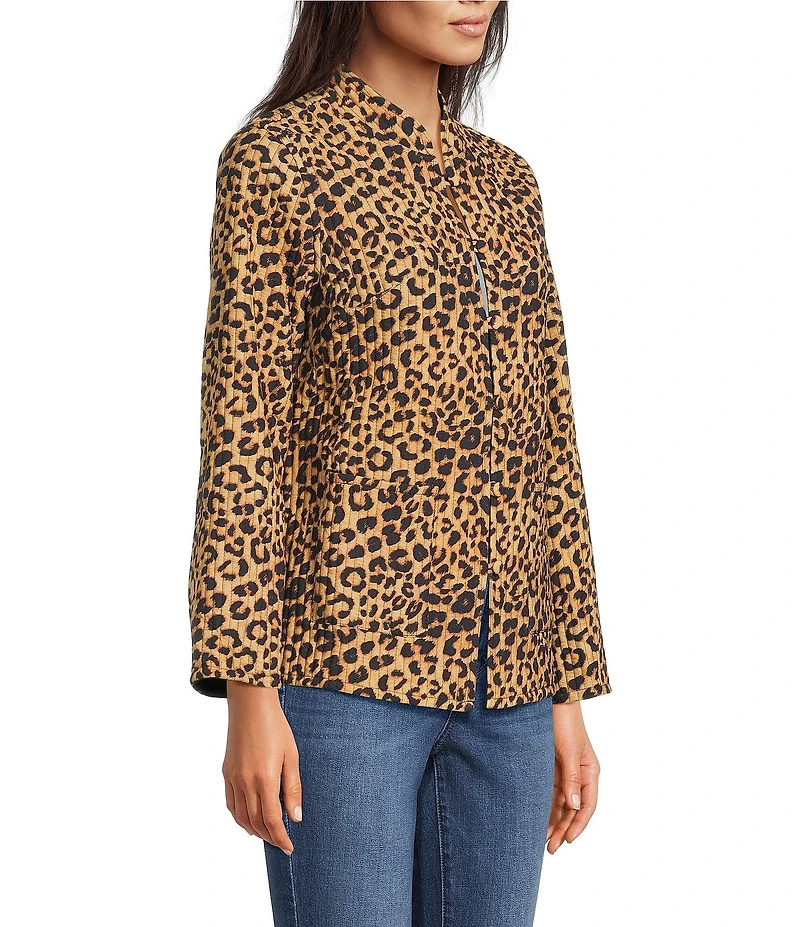 Calessa Reversible Quilted Animal Printed Band Collar Long Sleeve Shirt Jacket