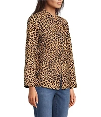 Calessa Reversible Quilted Animal Printed Band Collar Long Sleeve Shirt Jacket