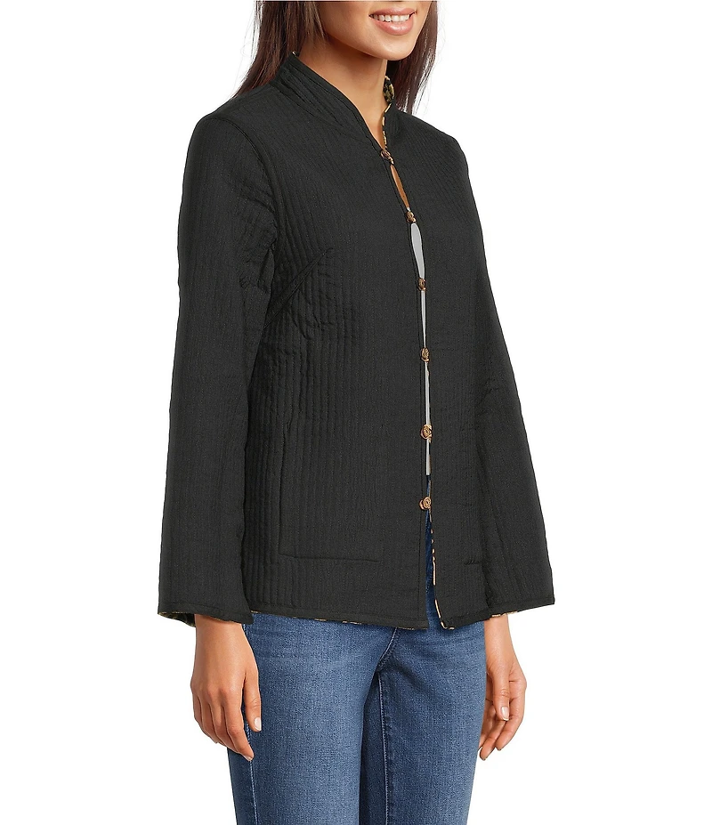 Calessa Reversible Quilted Animal Printed Band Collar Long Sleeve Shirt Jacket