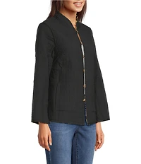 Calessa Reversible Quilted Animal Printed Band Collar Long Sleeve Shirt Jacket