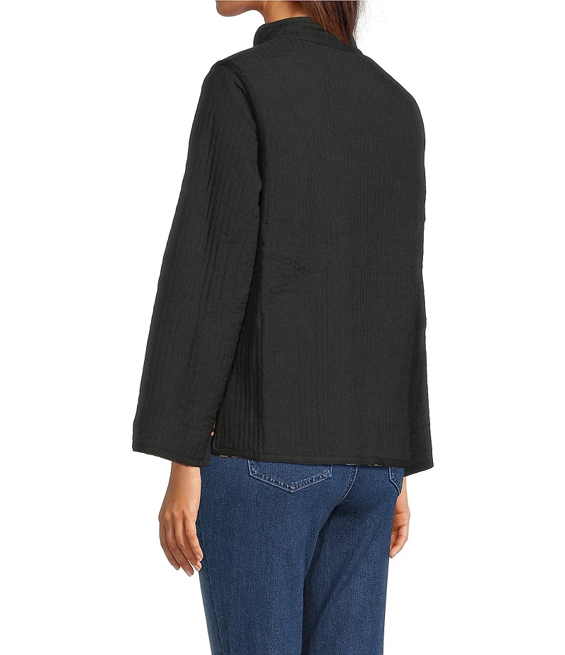 Calessa Reversible Quilted Animal Printed Band Collar Long Sleeve Shirt Jacket