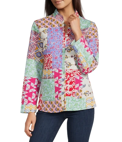 Calessa Reversible Quilted Spring Patchwork Band Collar Long Sleeve Shirt Jacket