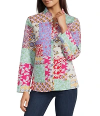 Calessa Reversible Quilted Spring Patchwork Band Collar Long Sleeve Shirt Jacket