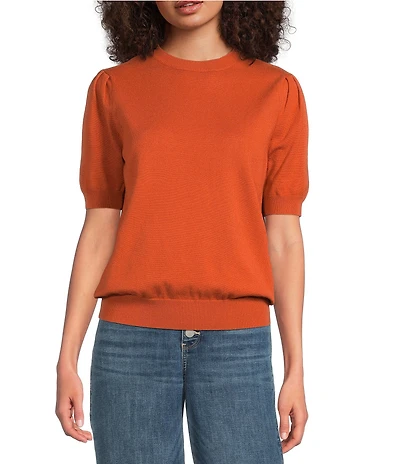 Calessa Ribbed Round Neck Short Puff Sleeve Knit Sweater