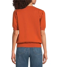 Calessa Ribbed Round Neck Short Puff Sleeve Knit Sweater
