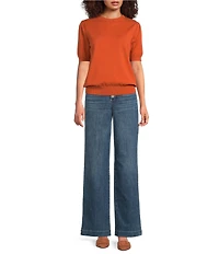 Calessa Ribbed Round Neck Short Puff Sleeve Knit Sweater