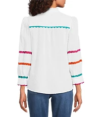 Calessa Rik Rak Tape Detail Split V-Neck 3/4 Sleeve Button Front Tunic