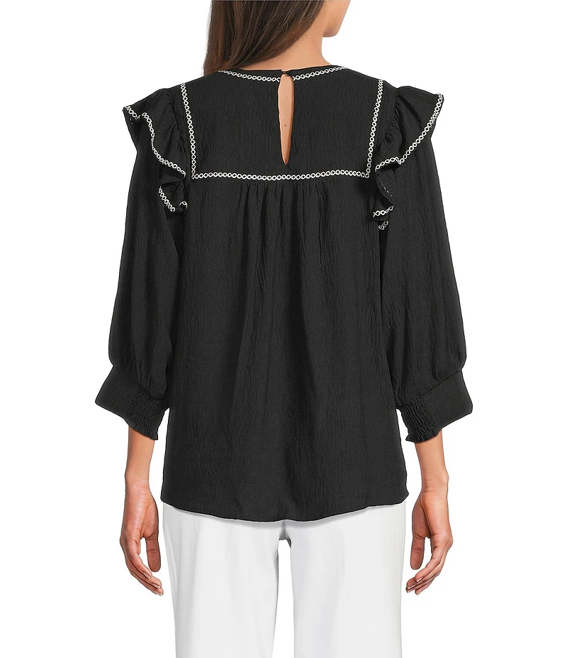 Calessa Round Split V-Neck 3/4 Sleeve Cross Stitch Trim Tunic