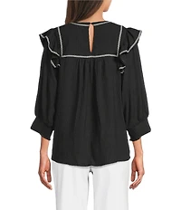 Calessa Round Split V-Neck 3/4 Sleeve Cross Stitch Trim Tunic
