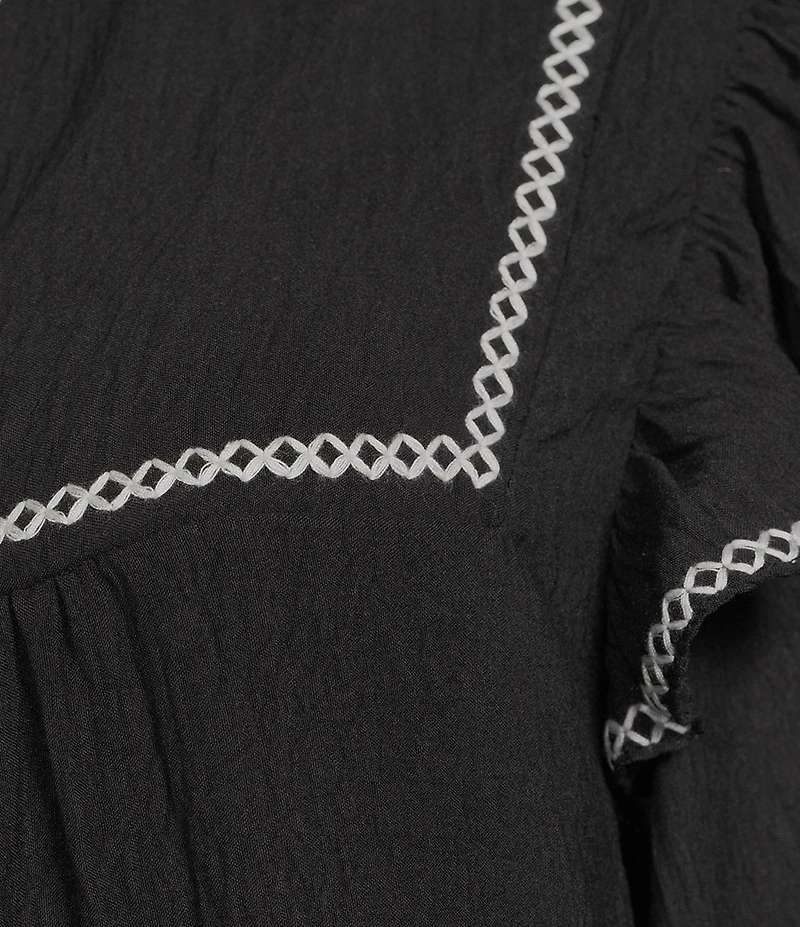Calessa Round Split V-Neck 3/4 Sleeve Cross Stitch Trim Tunic