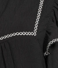 Calessa Round Split V-Neck 3/4 Sleeve Cross Stitch Trim Tunic