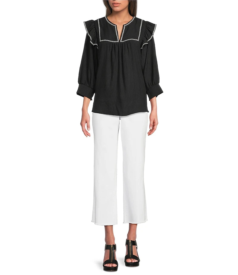 Calessa Round Split V-Neck 3/4 Sleeve Cross Stitch Trim Tunic