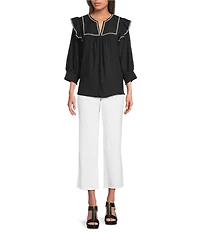 Calessa Round Split V-Neck 3/4 Sleeve Cross Stitch Trim Tunic