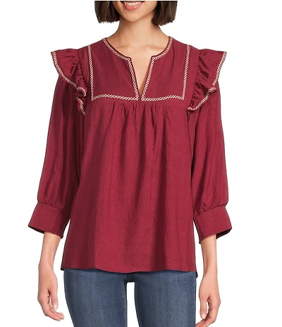 Calessa Ruffle Shoulder Contrast Stitching Split V-Neck 3/4 Sleeve Tunic
