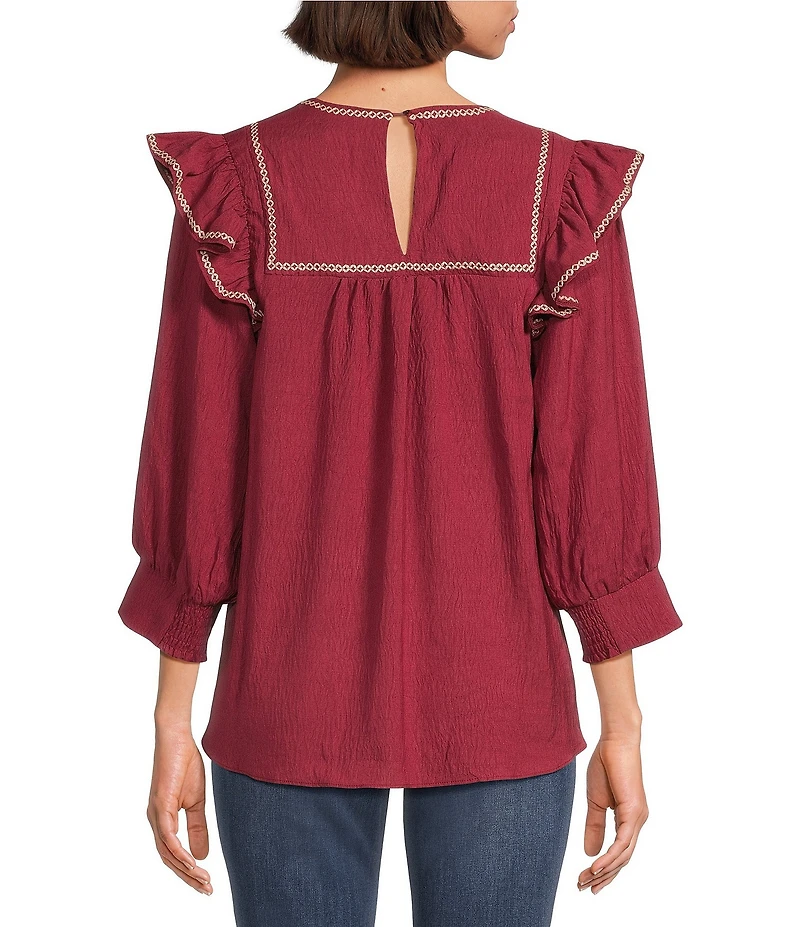 Calessa Ruffle Shoulder Contrast Stitching Split V-Neck 3/4 Sleeve Tunic
